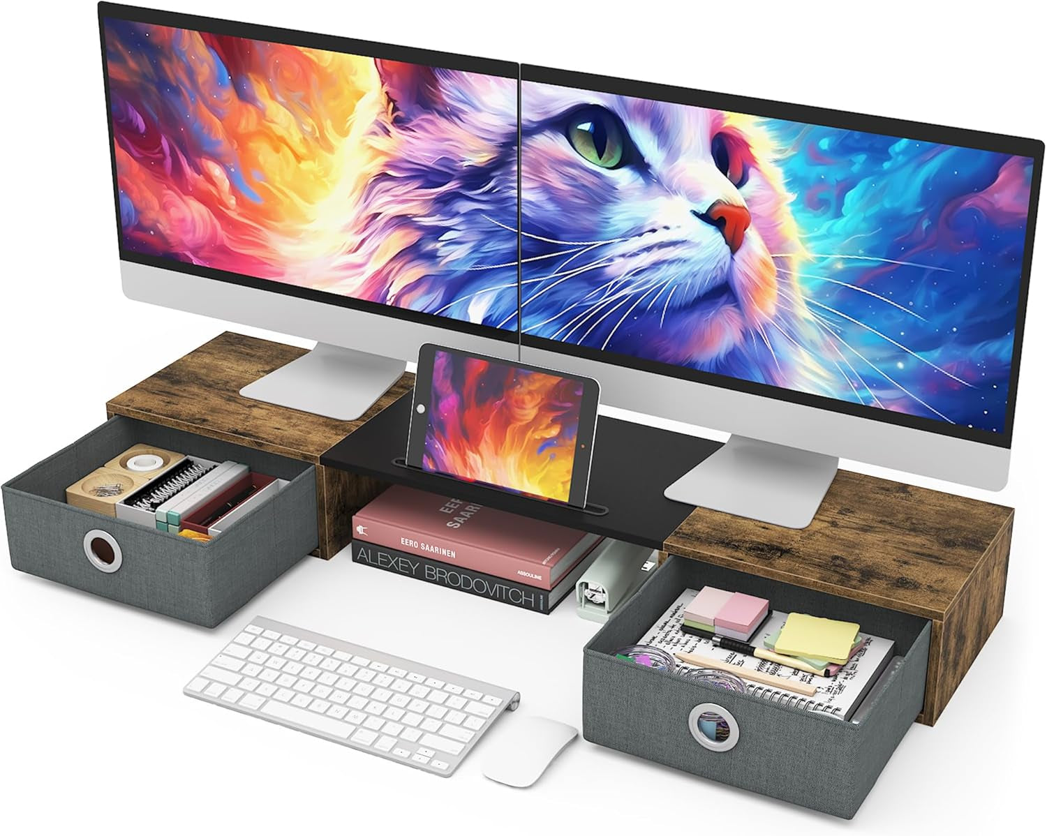 Dual Monitor Stand Riser with Two Drawers, Extra Large Storage for 2