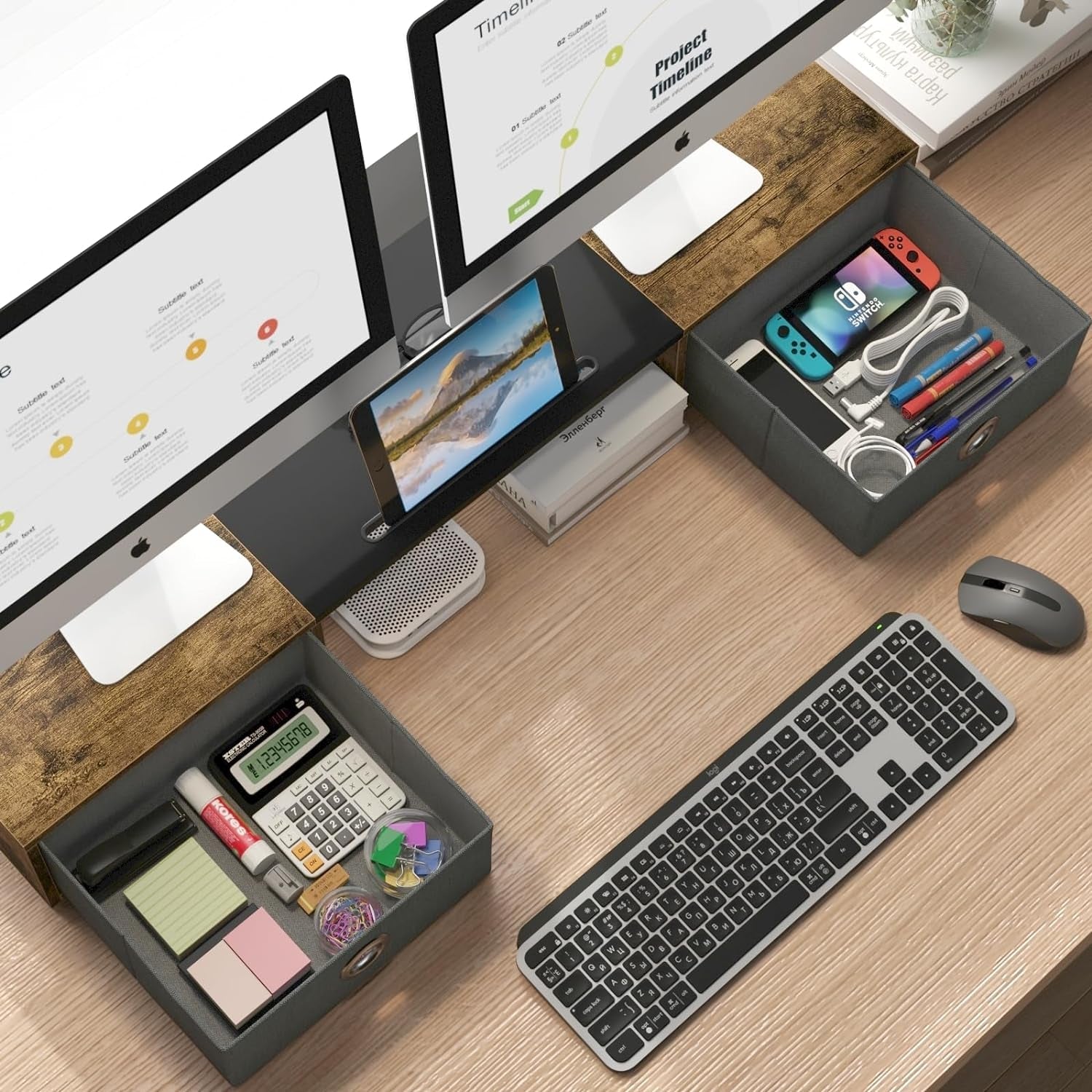 Dual Monitor Stand Riser with Two Drawers, Extra Large Storage for 2